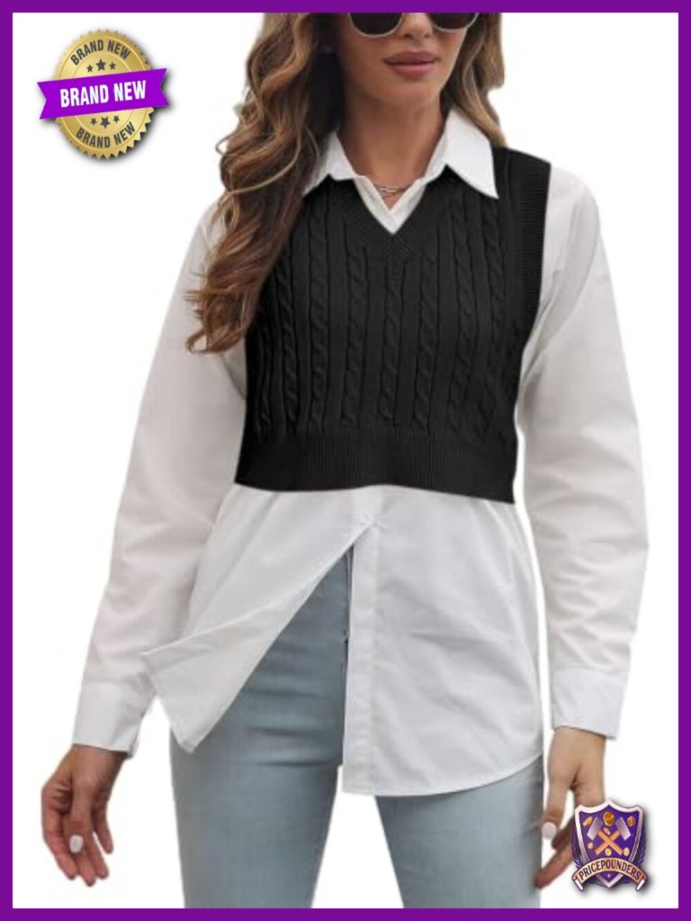 Cable Knit V Neck Sweater Vest Sleeveless Cropped Layering Knit Top